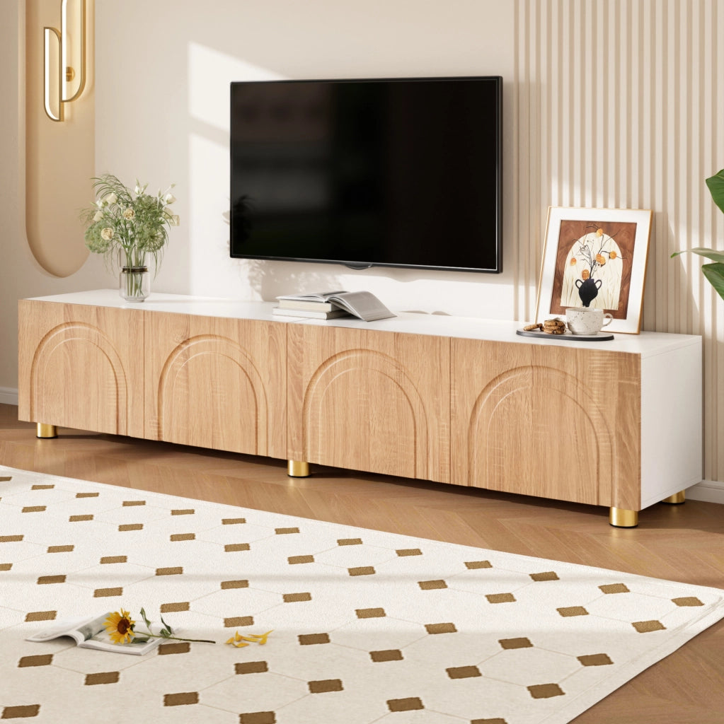 Mobile TV 180x35x40 cm con 4 ante e rilievo ad arco in MDF e pannello truciolare naturale e bianco