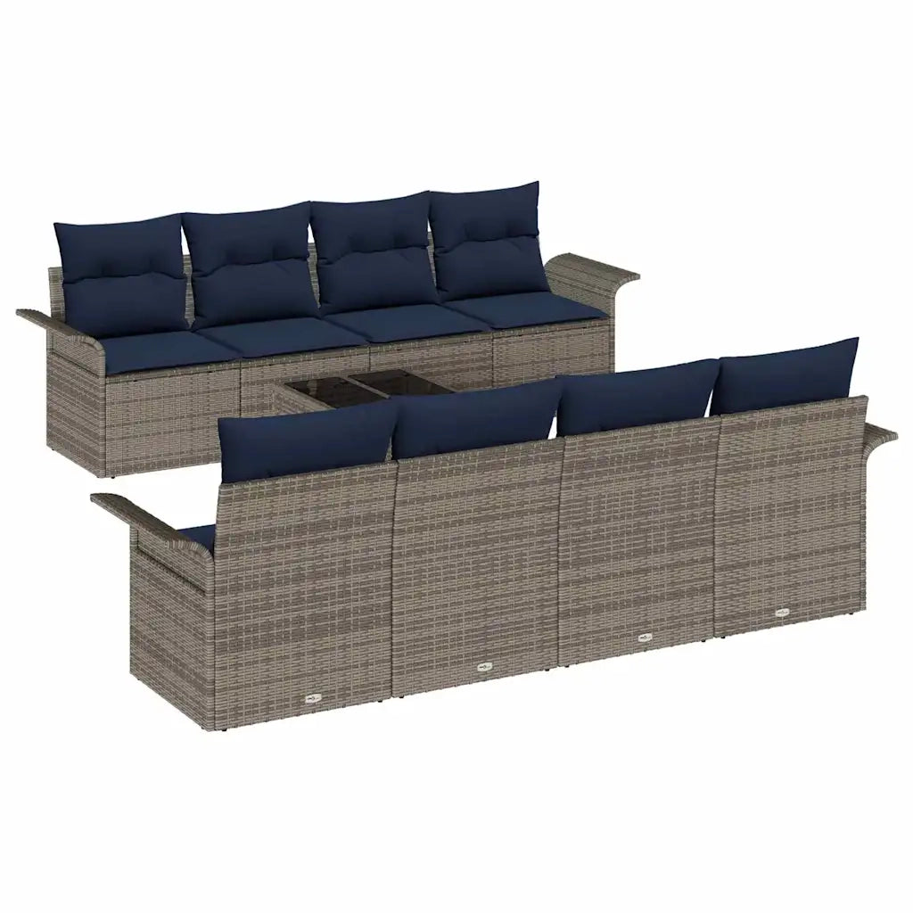 Set Divano da Giardino 9 pcs Grigio e Blu Navy polyrattan