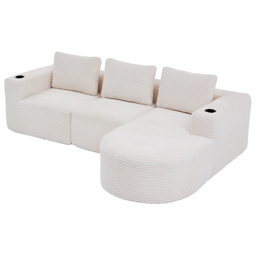 Divano imbottito in poliestere beige con 3 cuscini e portabicchieri HOMVRA