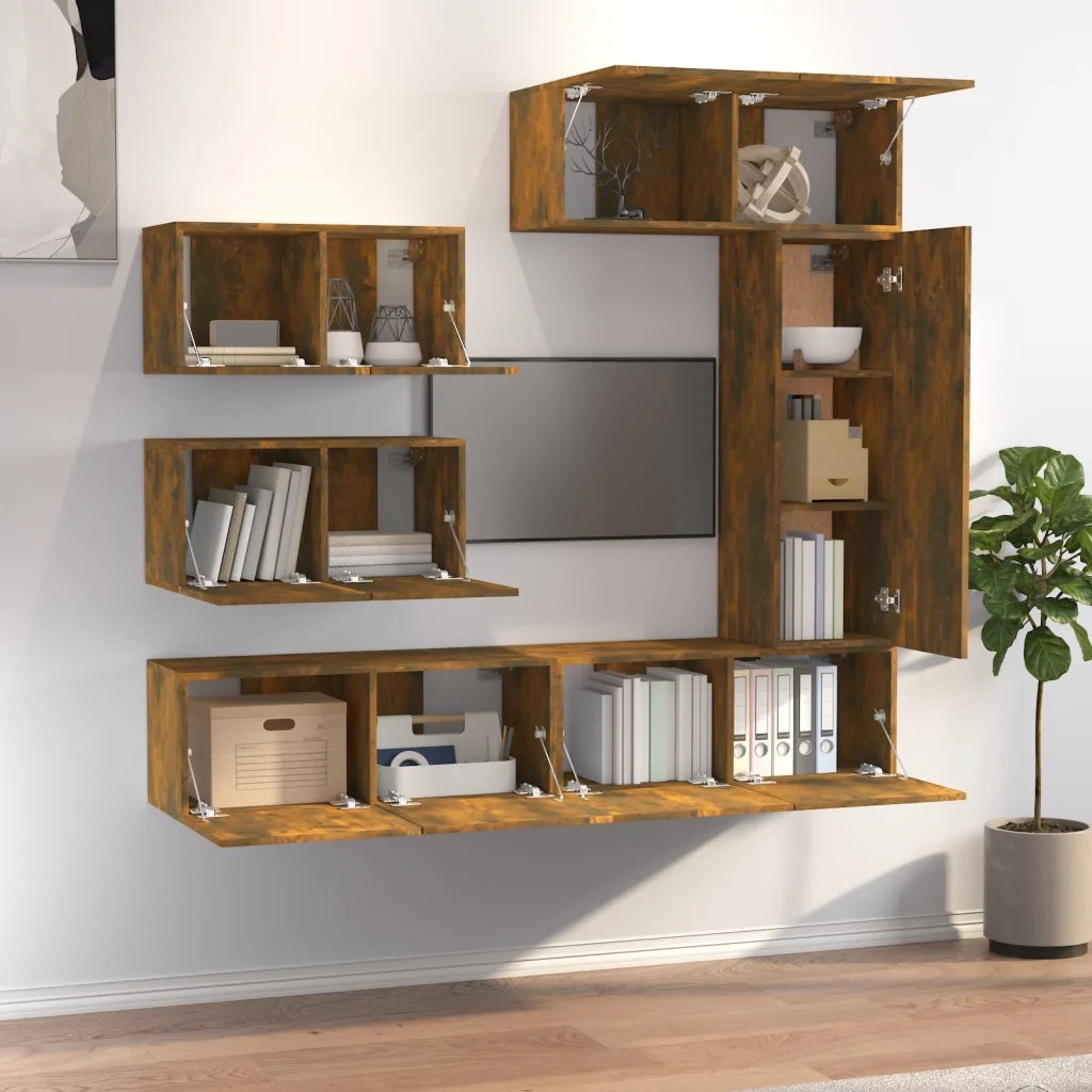 Set di Mobili Porta TV 6 pz Rovere Fumo in Legno Multistrato cod mxl 12123