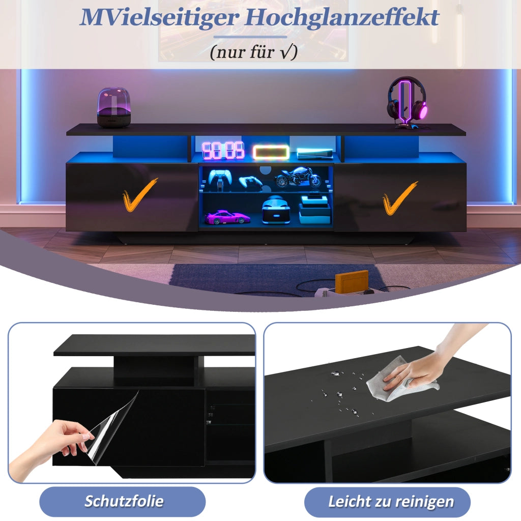 Mobile porta TV con LED e 2 ante, 8 vani contenitore e ripiani in vetro, per soggiorno, in MDF, nero, 160 × 40 × 45 cm