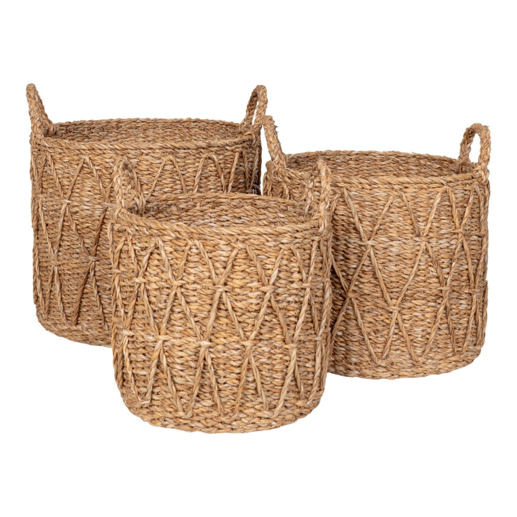 Set di 3 Cesti Portaoggetti Krabi, Marrone, Erba Marina, 28x28x25 cm