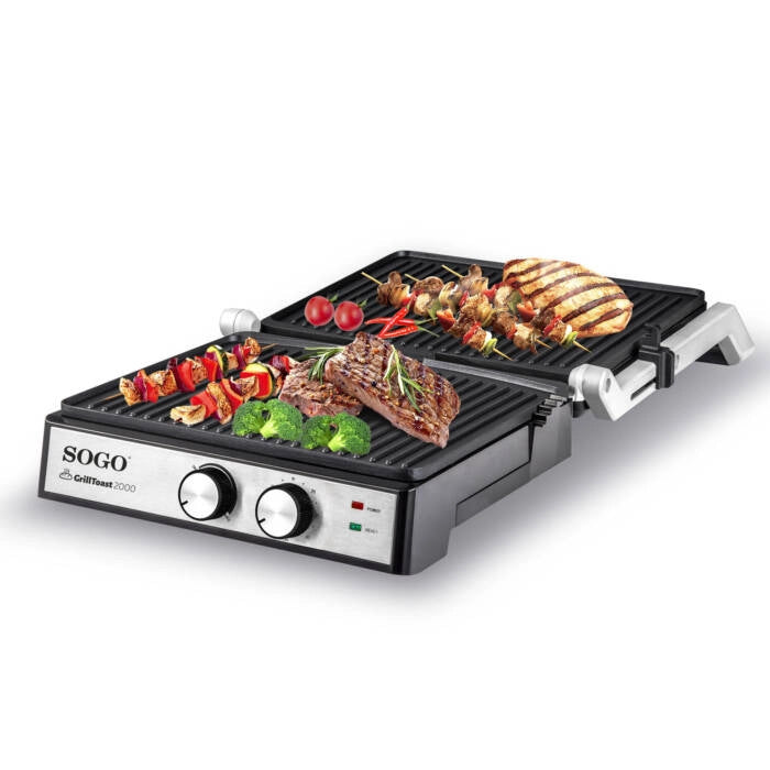 Piastra grill elettrica 2000W apribile 180°, piastre antiaderenti ceramiche con termostato e vassoio raccogli grasso - Sogo