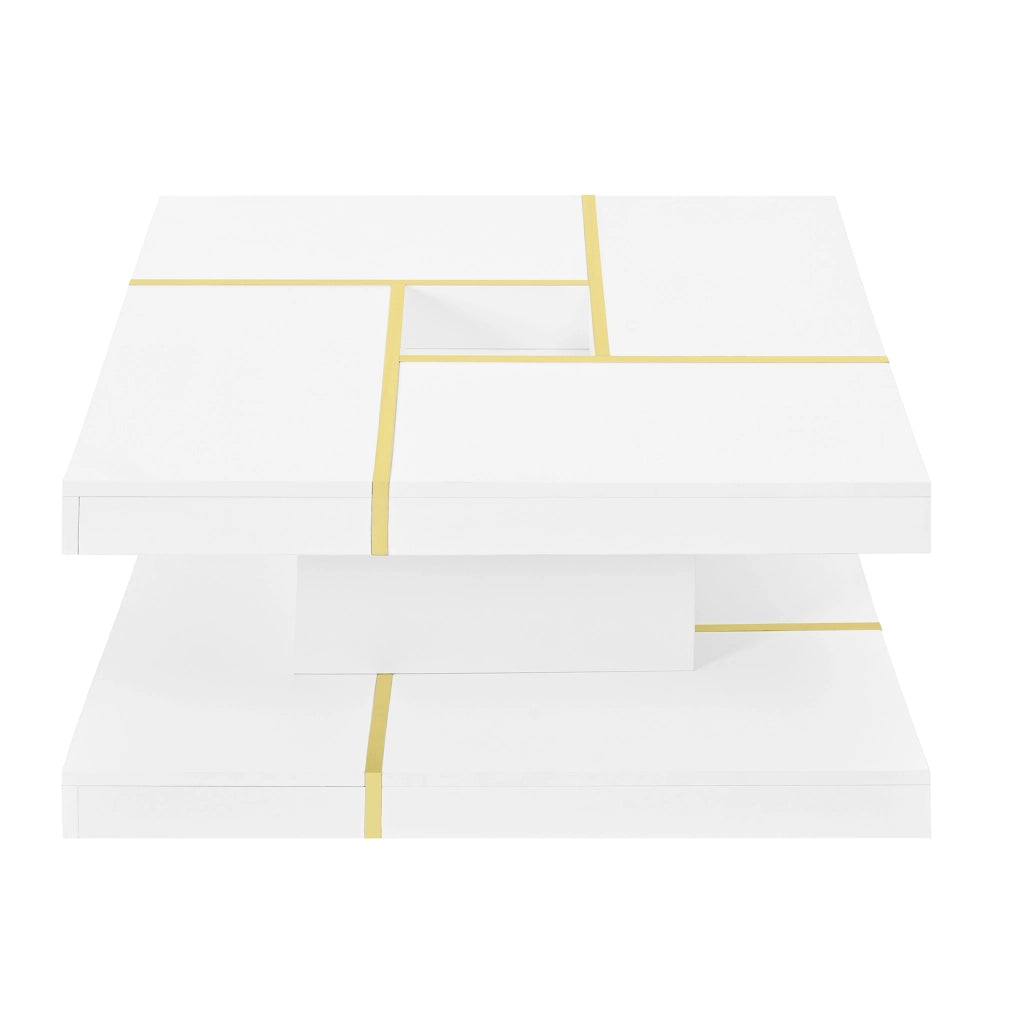 TAVOLINO Quadrato a 2 Livelli 80x80x38 cm Bianco con dettagli metallici dorati