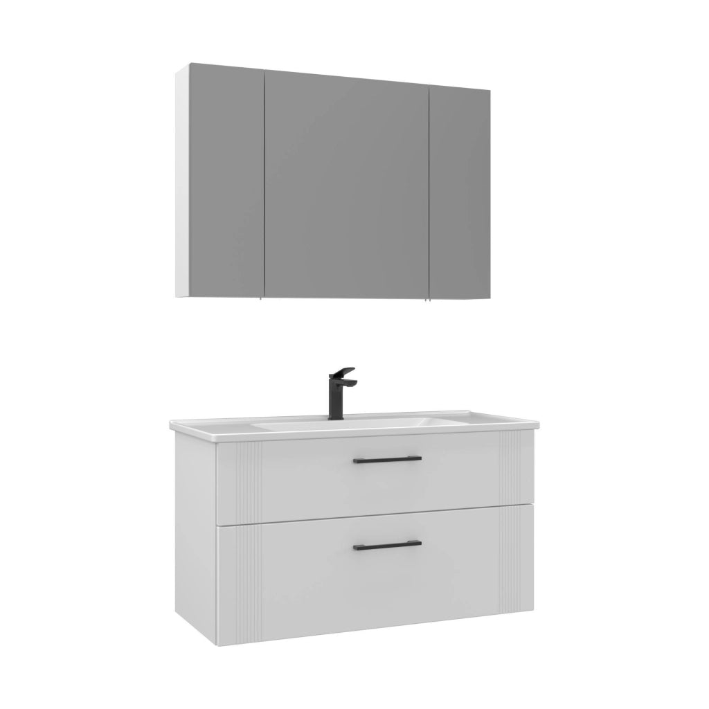 Set mobile lavabo con specchio (2 pezzi) "Bari 100 v2" - 100 x 45 x 55 cm - Bianco opaco