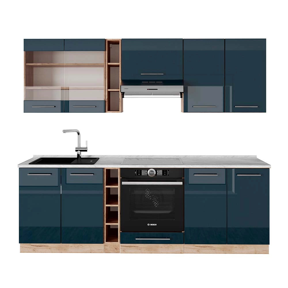Cucina componibile Fame-Line Blu scuro lucido/Rovere dorato 235 cm, PL Marmo Vicco