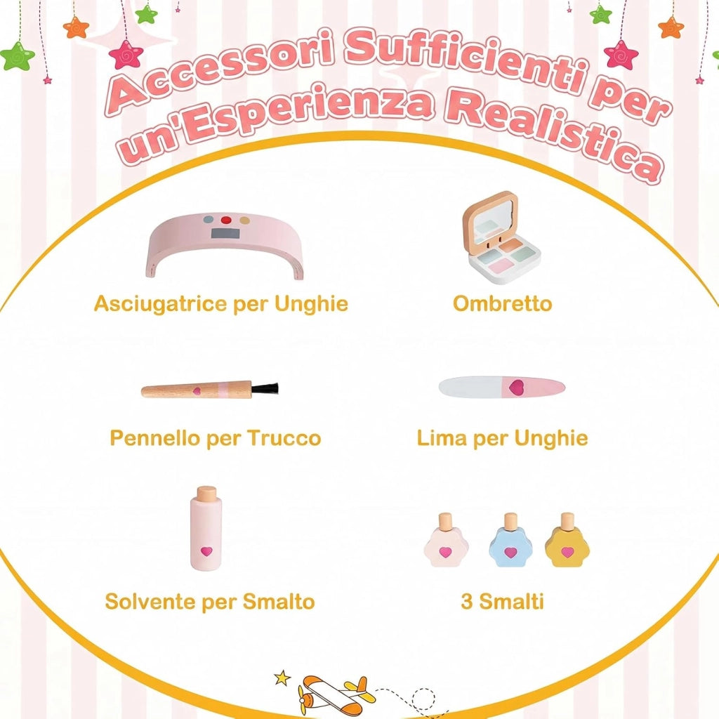 2 in 1 Set Tavolo Manicure per Bambini per Cameretta | Set Toeletta per Bambini con 2 Sedie in Legno con Cassetto e Scomparto, Postazione Trucco per Gioco e Studio, 61 x 35 x 51 cm