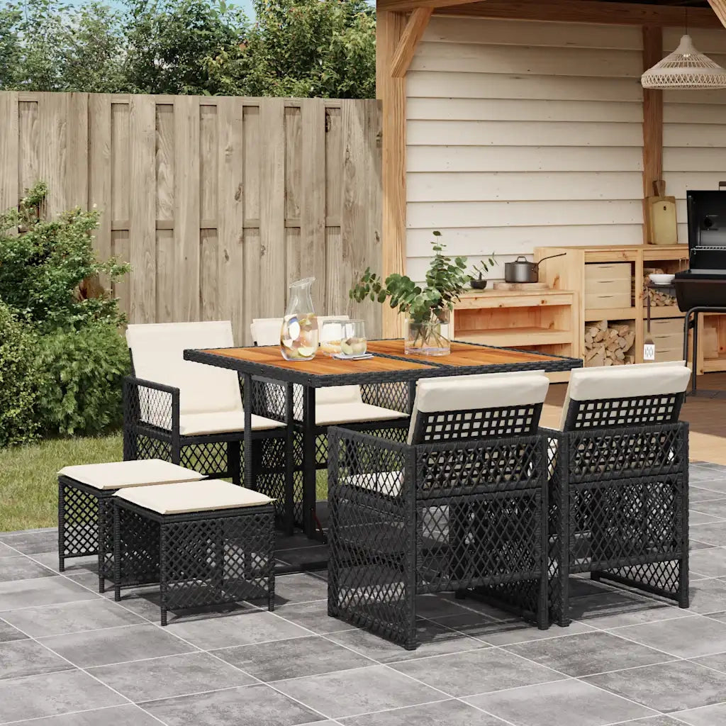 Set da Pranzo da Giardino 9 pz con Cuscini Nero in Polyrattan