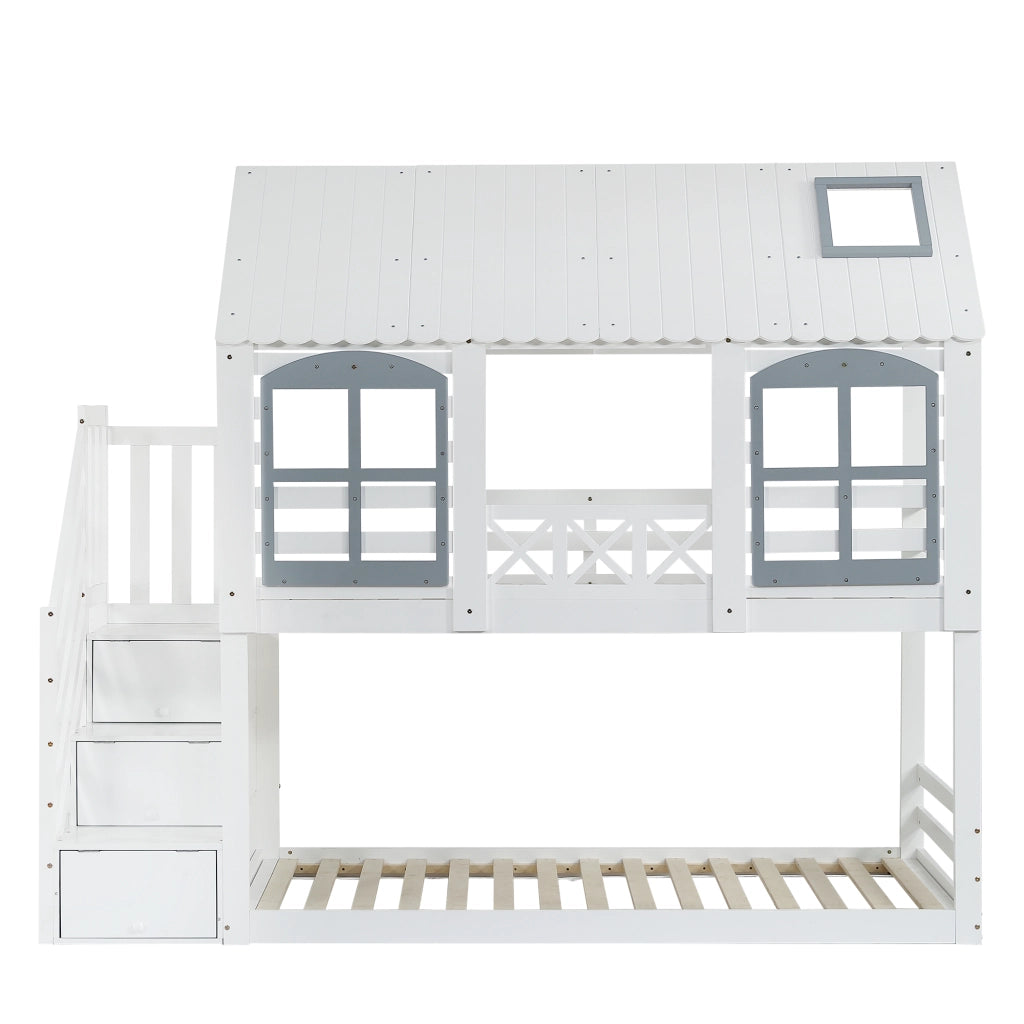 Letto a castello per bambini con tetto e finestre, scala contenitore, 90x200 cm, bianco e grigio