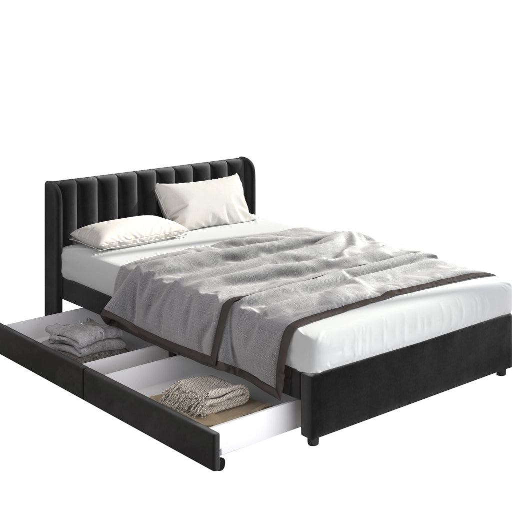 Letto imbottito 160x200 cm con 2 cassetti e rete a doghe; velluto nero