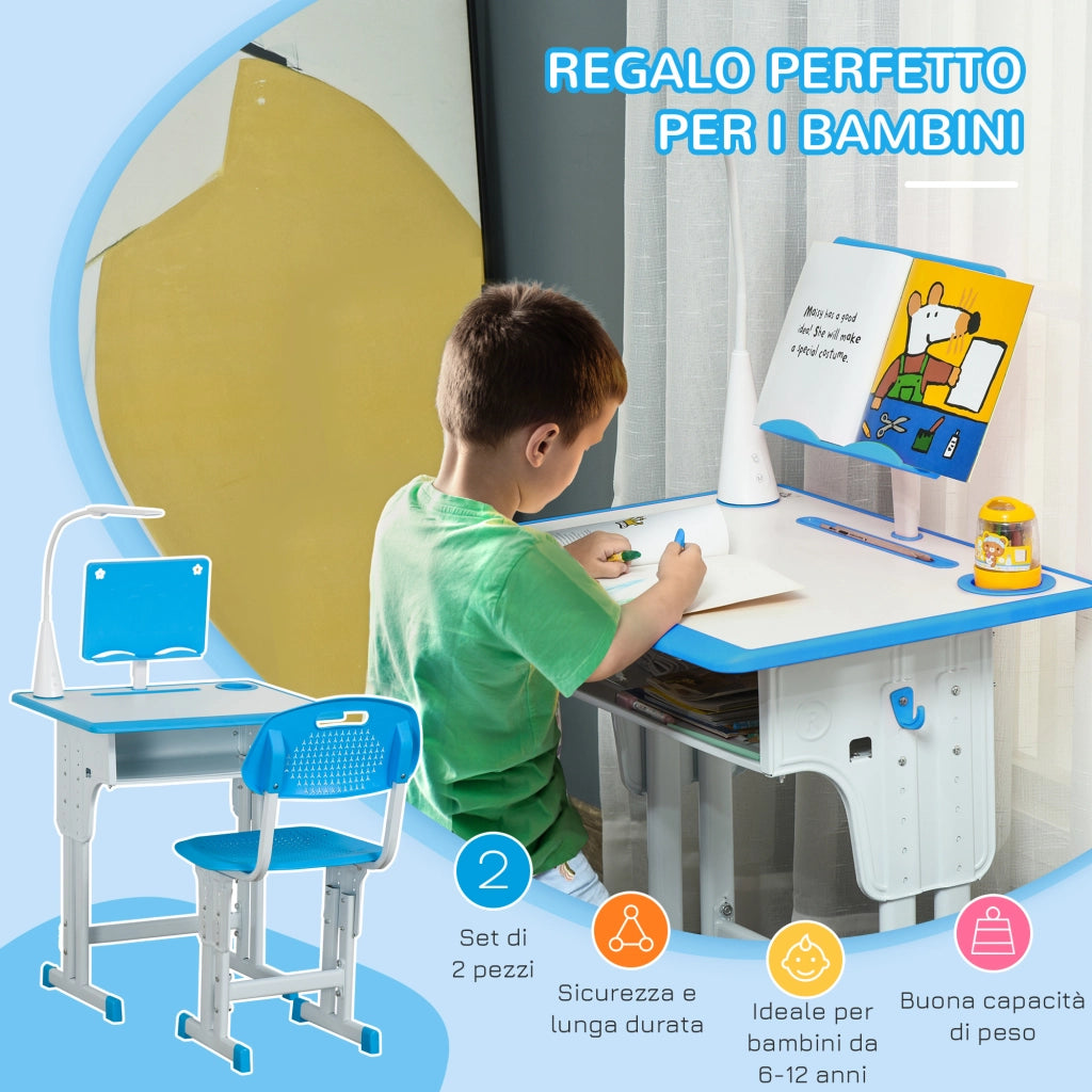Banco Scuola con Sedia ad Altezza Regolabile e Luce per Bambini 6-12 Anni, Acciaio e MDF, Grigio