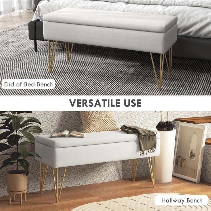 PANCA FONDO LETTO CON CONTENITORE IN TESSUTO E GAMBE IN ACCIAIO, 100X40X49CM, CREMA