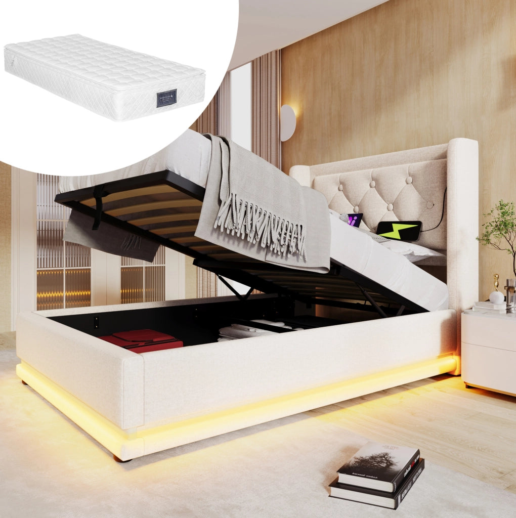Letto singolo contenitore 90x200 beige con materasso, LED USB-C
