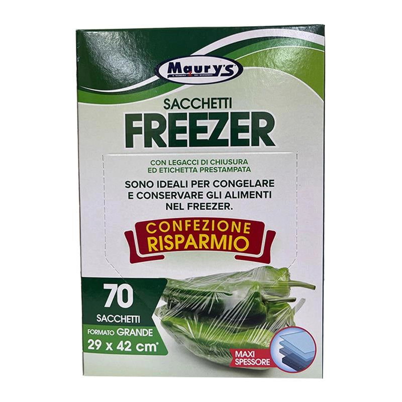 MAURY'S SACCHETTI FREEZER CON LEGACCI DI CHIUSURA ED ETICHETTA PRESTAMPATA FORMATO GRANDE 70 SACCHETTI MAXI SPESSORE 29X42 CM