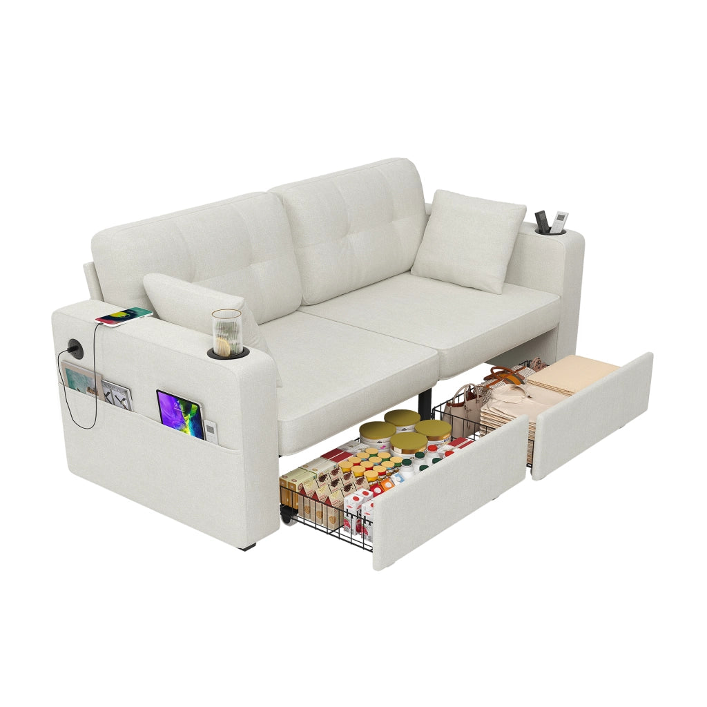 Divano a 2 posti con due cassetti contenitore, porte USB, portabicchieri e tasche laterali in ciniglia beige