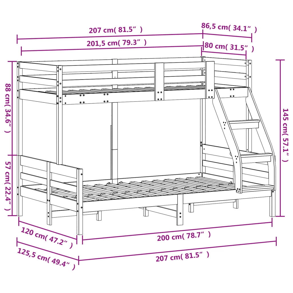 Letto da camera | Letto a Castello 80x200/120x200 cm in Legno Massello di Pino