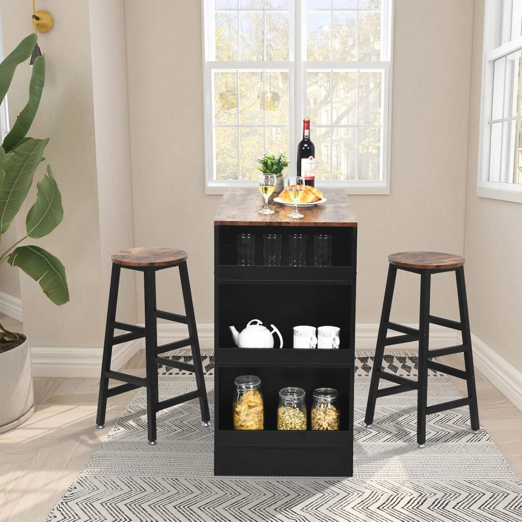 Set di Tavolo e 2 Sgabelli da Bar con Struttura in Legno e Metallo | Tavolo da Pranzo e Colazione a 3 Ripiani per Sala da Pranzo e Cucina, Marrone Rustico