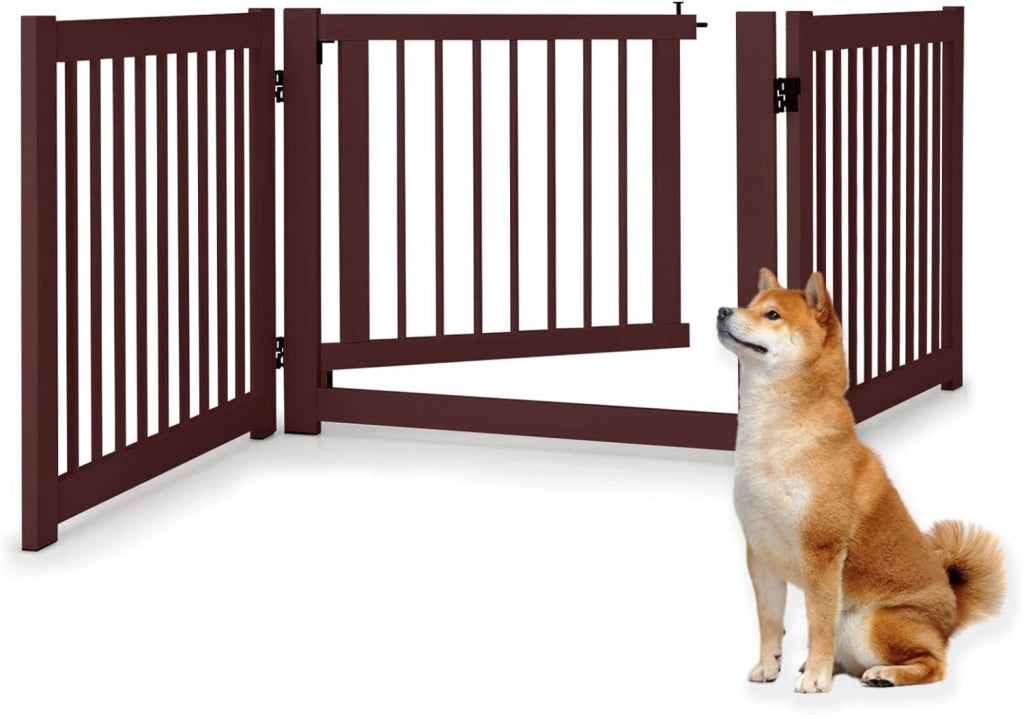 Cancelletto per Cani Pieghevoli 210 x 61 cm, Barriera per Cani in Legno a 3 Pannelli con Porta a Serratura, Recinzione per Scale, Ingressi e Corridoi (Marrone)