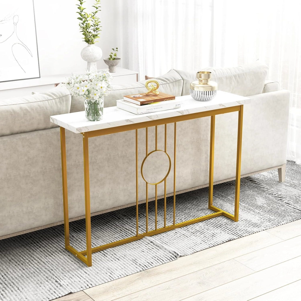 Tavolo Console da ingresso, ingresso stretto con piano in marmo imitazione e struttura in metallo dorato, tavolo laterale da 120 cm per corridoio, soggiorno, 120 x 30 x 80,5 cm