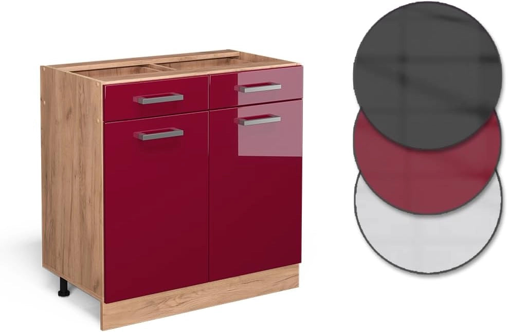 Mobiletto base per cucina R-Line, Rosso lucido, 80 cm senza piano di lavoro, per la libera combinazione all'interno di sistemi cucina modulari