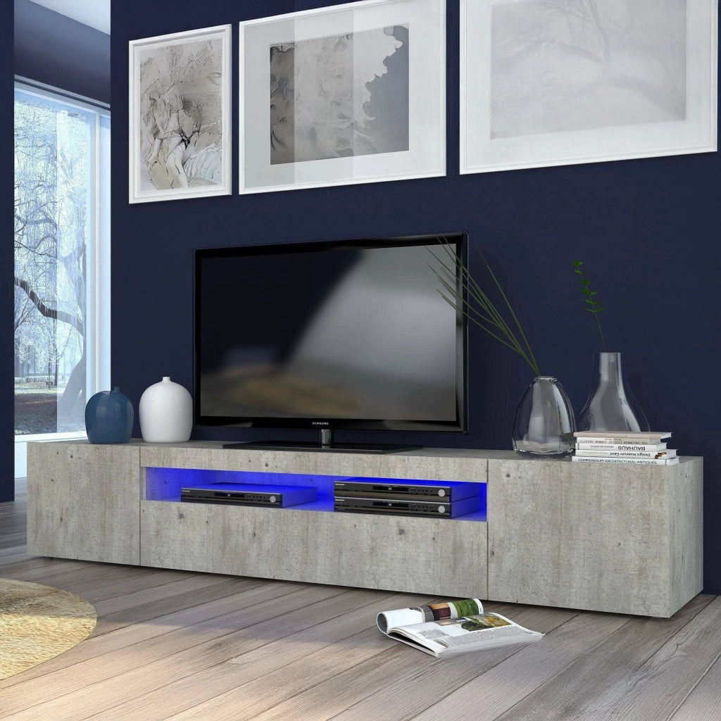 Mobile da soggiorno Porta Amore, Made in Italy, Supporto per Amore da salotto a 3 ante e ripiani, cm 200x40h37, Cemento, con luce LED blu
