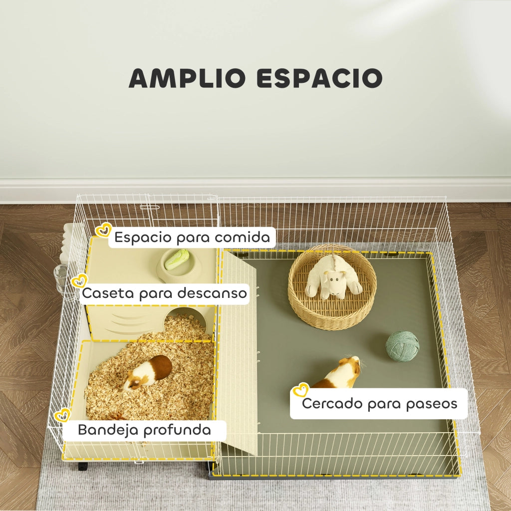 Gabbia per Piccoli Animali ¨C Xylo ¨C con Recinto Ciotola Beverino Distributore Fieno 108x71x57 cm Beige