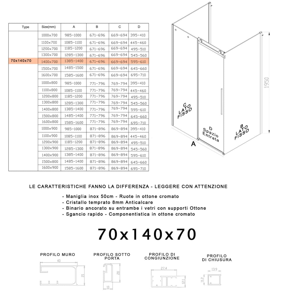 Box Doccia 3 Lati 80x100x80 cm 1 Anta Scorrevole in Cristallo Fumè 8mm H195 Bonussi Alina