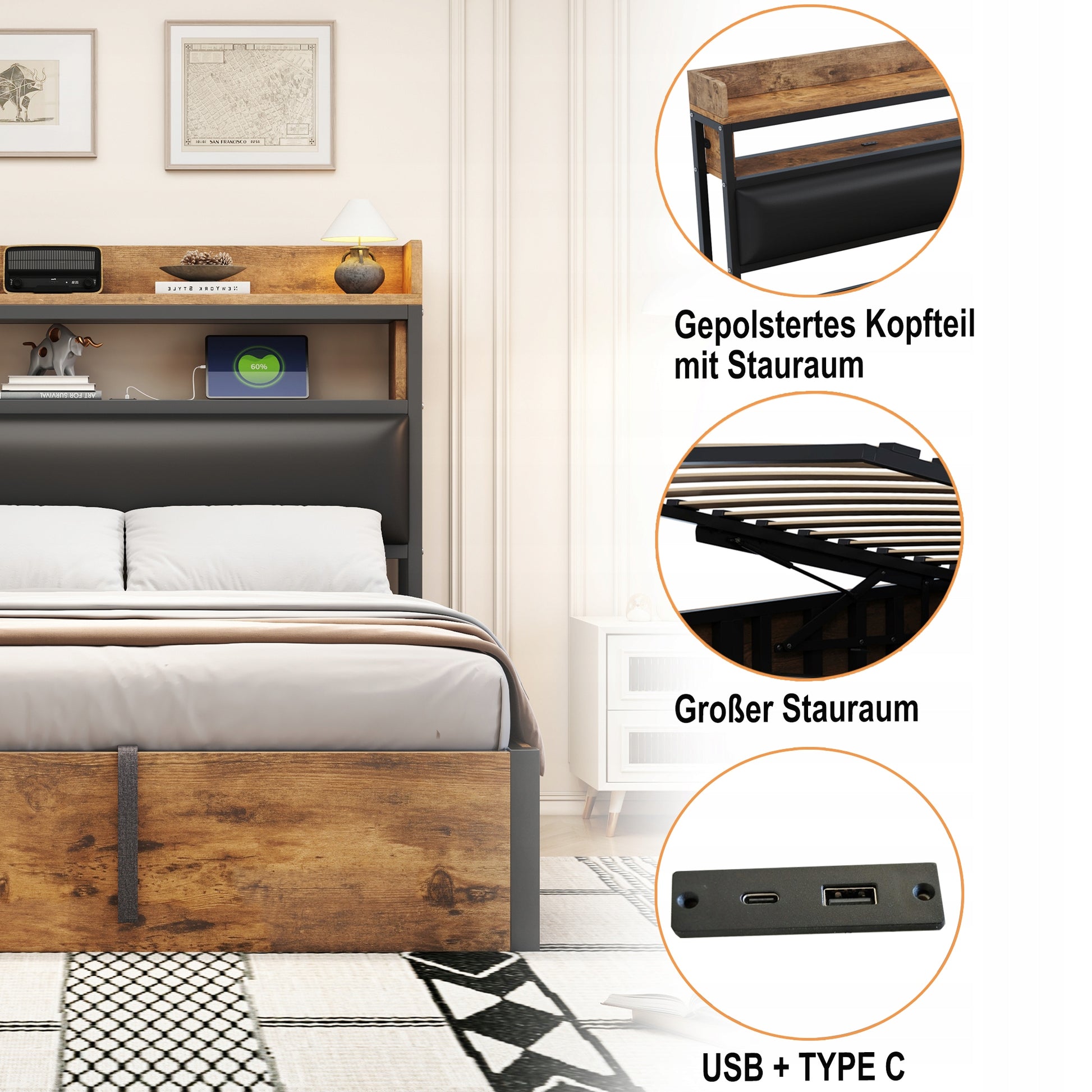 Letto singolo 90x200 - Xylo - Con idraulica e USB, nero