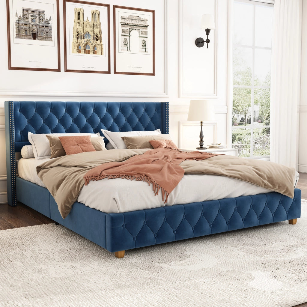 Letto Imbottito 160 × 200 cm; Matrimoniale con Testiera Trapuntata e Borchie; senza Materasso; Velluto Blu