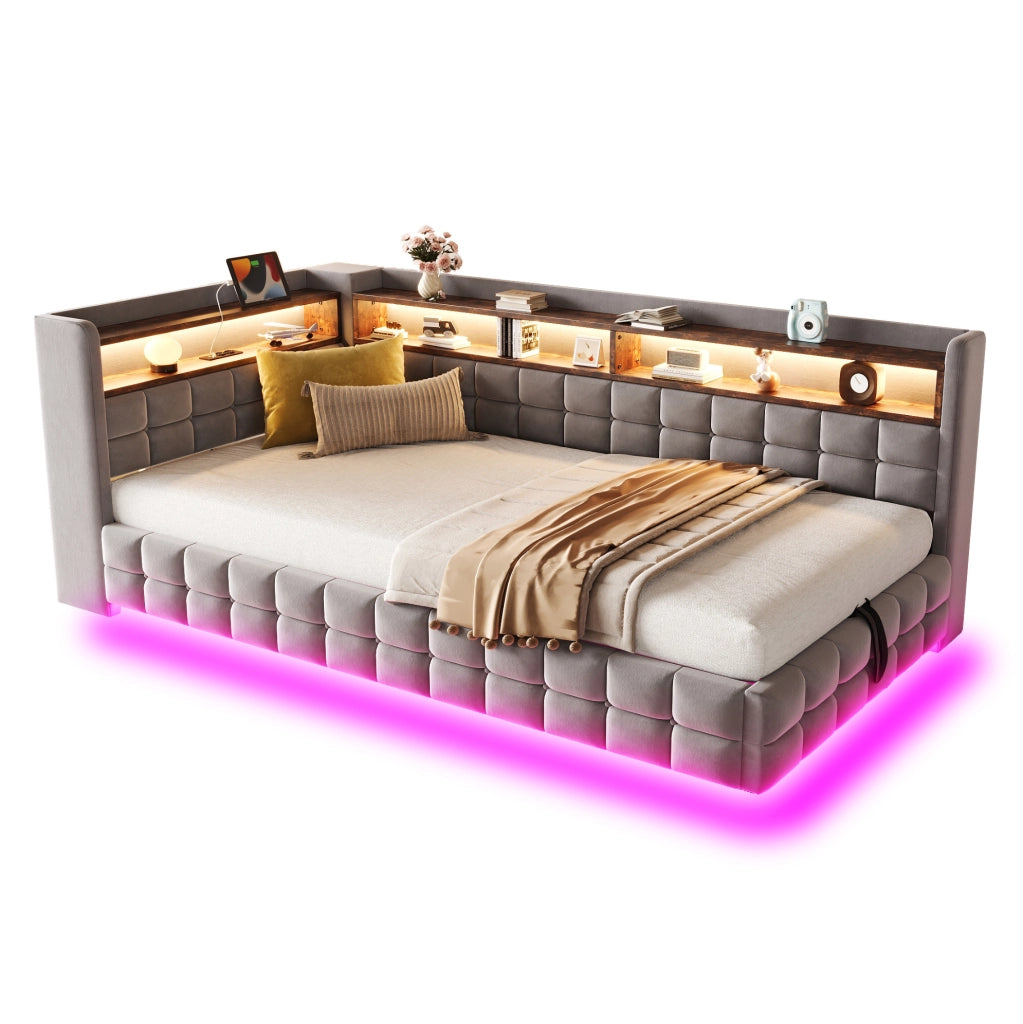 Letto imbottito multifunzione 90x200 cm in velluto grigio chiaro con contenitore; LED e prese