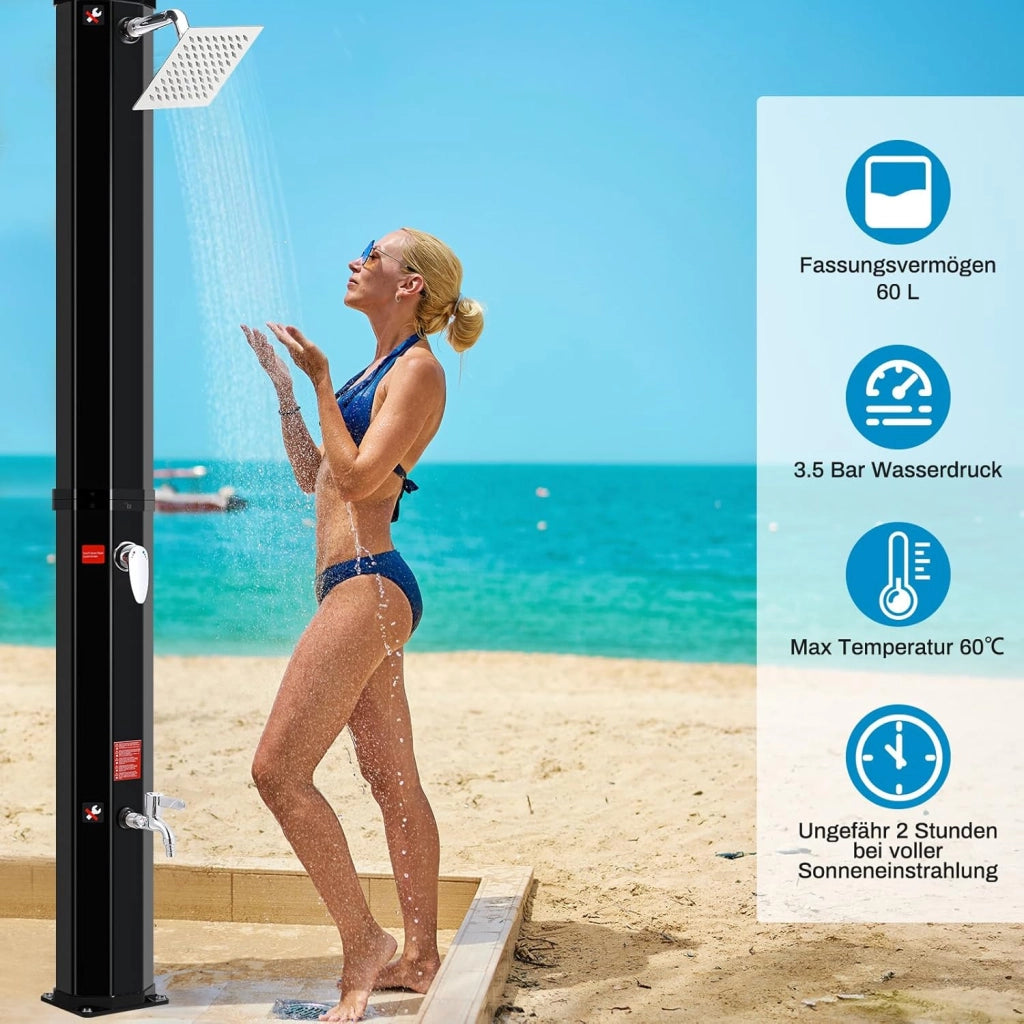 Doccia Solare 60 L, Doccia Solare da Giardino, con Soffione a Pioggia, Rubinetto, Attacco per Tubo da Giardino e Custodia Protettiva, Doccia per Piscina Senza Elettricità, Acqua Calda fino a 60 °C