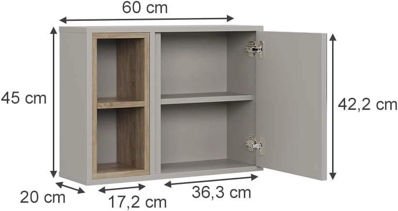 Mobiletto a specchio Elnor, Grigio, con 2 scomparti aperti e 1 anta, per la conservazione di tessili da bagno e combinabile con Elnor