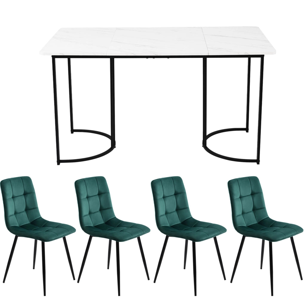 Set da pranzo 140x80 cm con tavolo effetto marmo; sedie in velluto; MDF bianco