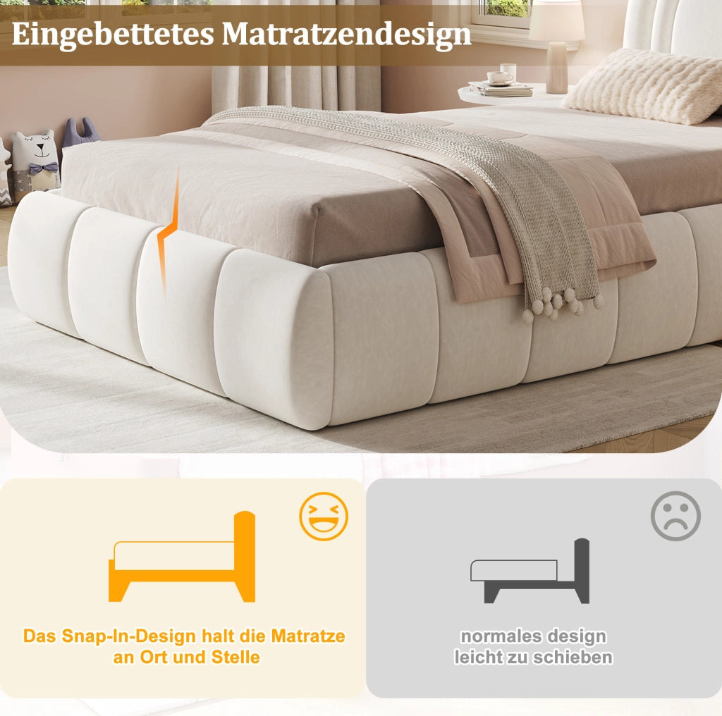 Letto imbottito per bambini 90x200 cm con contenitore idraulico; testiera alta in velluto beige