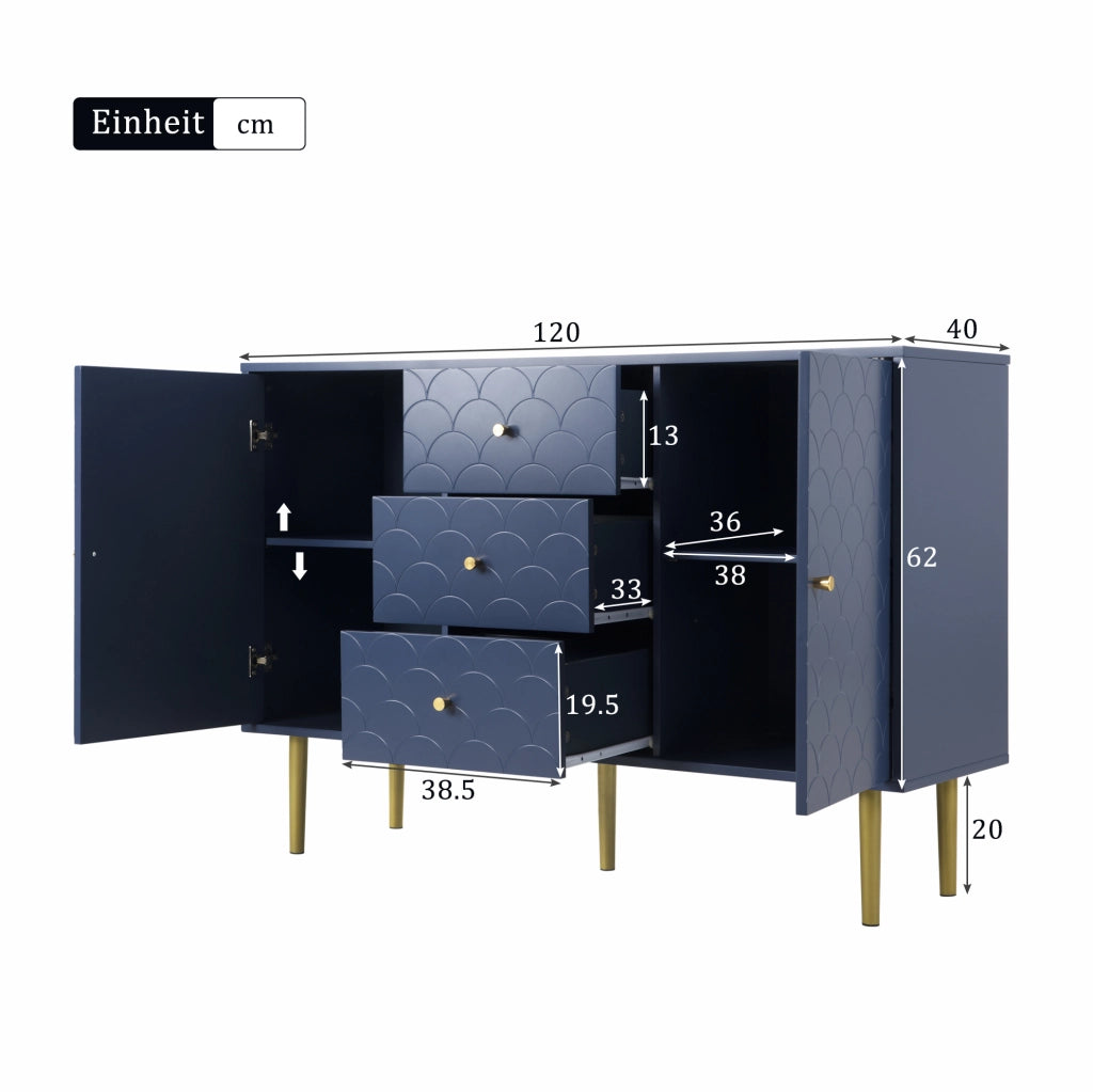 Credenza 120x40x83 cm con 2 ante e 3 cassetti; ripiano regolabile; blu marino