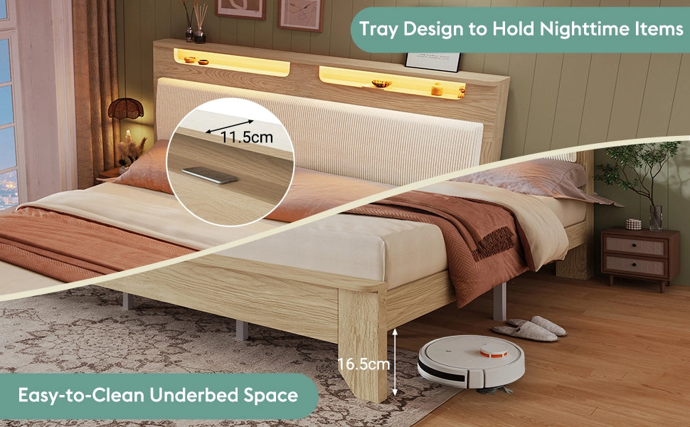 Letto Matrimoniale in Legno con LED e Contenitore ¨C MINIMAL ¨C Rovere Chiaro, Beige, 160x200