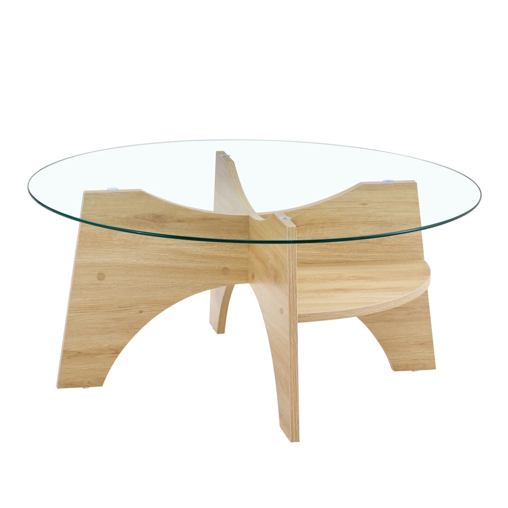 Tavolino da caffè rotondo in vetro temperato Ø 80 cm, design moderno con struttura in MDF effetto legno naturale, salvaspazio per soggiorno