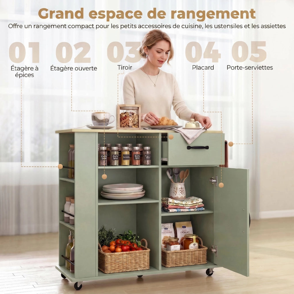 Tavolino da cucina con ruote ¨C zephmum ¨C verde, con cassetto e porta