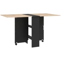 Tavolo Pieghevole Consolle per 4-6 persone con Ruote e Ripiani, 140x75x74cm, Rovere e Nero