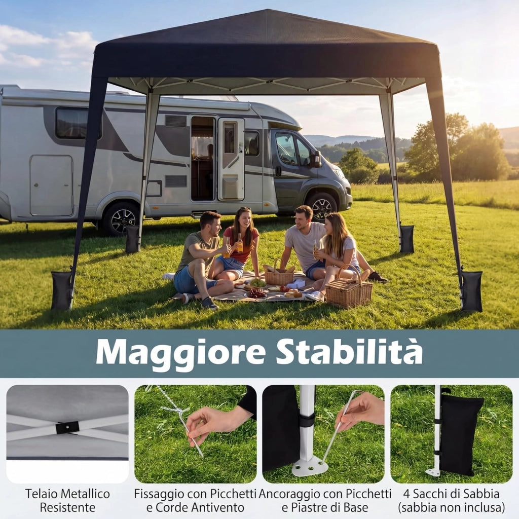 Gazebo da Giardino 3 x 3 M, Tendone Parasole con Telo Impermeabile e Resistente, Sacchi di Sabbia, Pieghevole, Portatile e Altezza Regolabile, per Esterno, Mercati, Fiere e Campeggio (Nero)