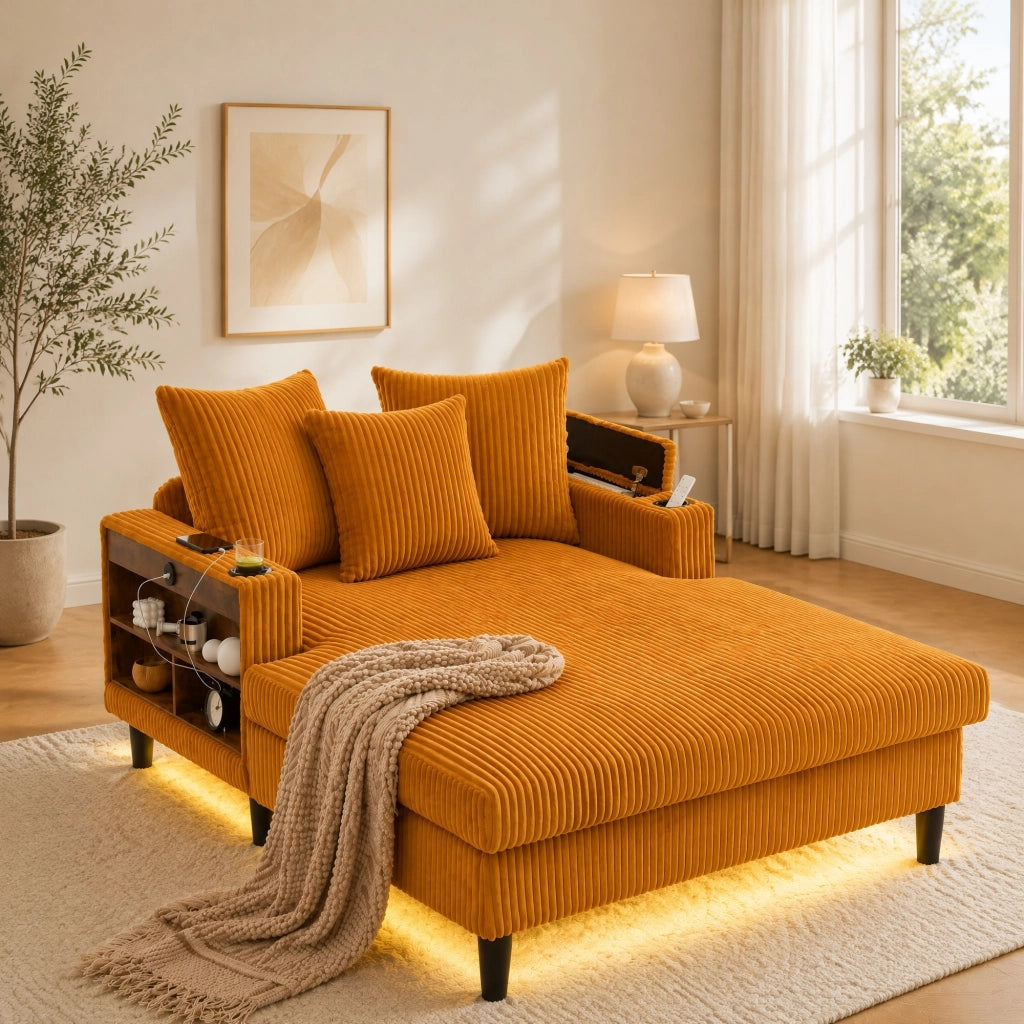Chaiselongue in velluto a coste con portabicchieri, luce LED, vano portaoggetti e porta USB, giallo senape