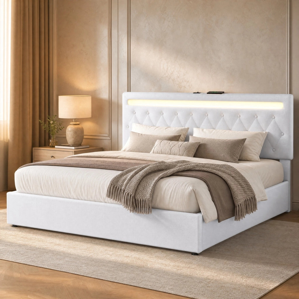 Letto imbottito 180x200 cm con contenitore; sollevamento idraulico; LED e USB; bianco
