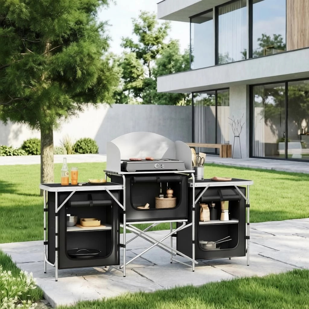 CUCINA DA CAMPEGGIO Pieghevole 174x48x112 cm Nero in Alluminio e MDF