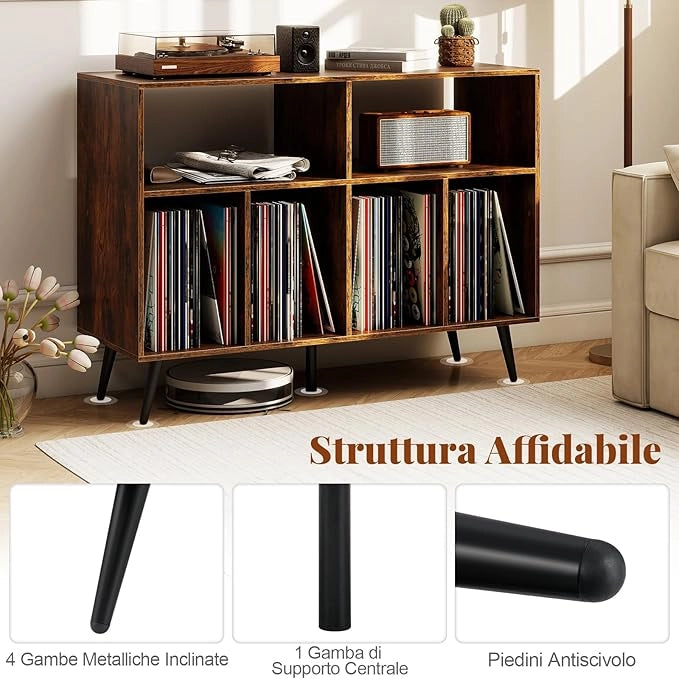 Supporto per Giradischi, Mobiletto per Giradischi a 3 Livelli con Scaffali per Vinili, Tavolino per Dischi con 5 Gambe, Scaffale Espositivo per Soggiorno, Sala Musica (Marrone)