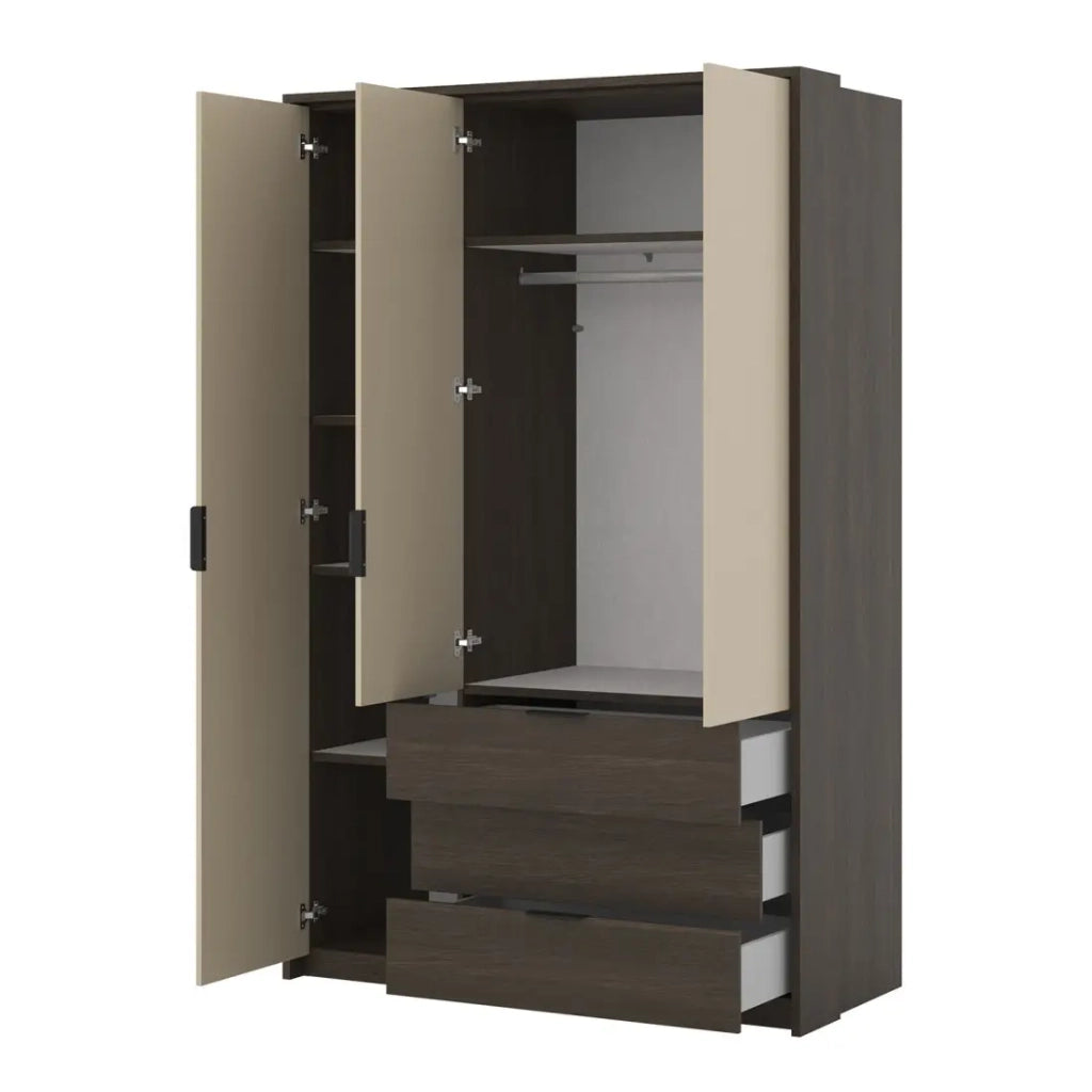 Armadio VALDORA 3 porte con LED e 3 cassetti in rovere scuro e beige 139 cm