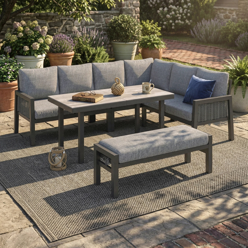 Set da Giardino 8 Posti Angolare ¨C MINIMAL ¨C Polyrattan Grigio, Tavolo in Vetro