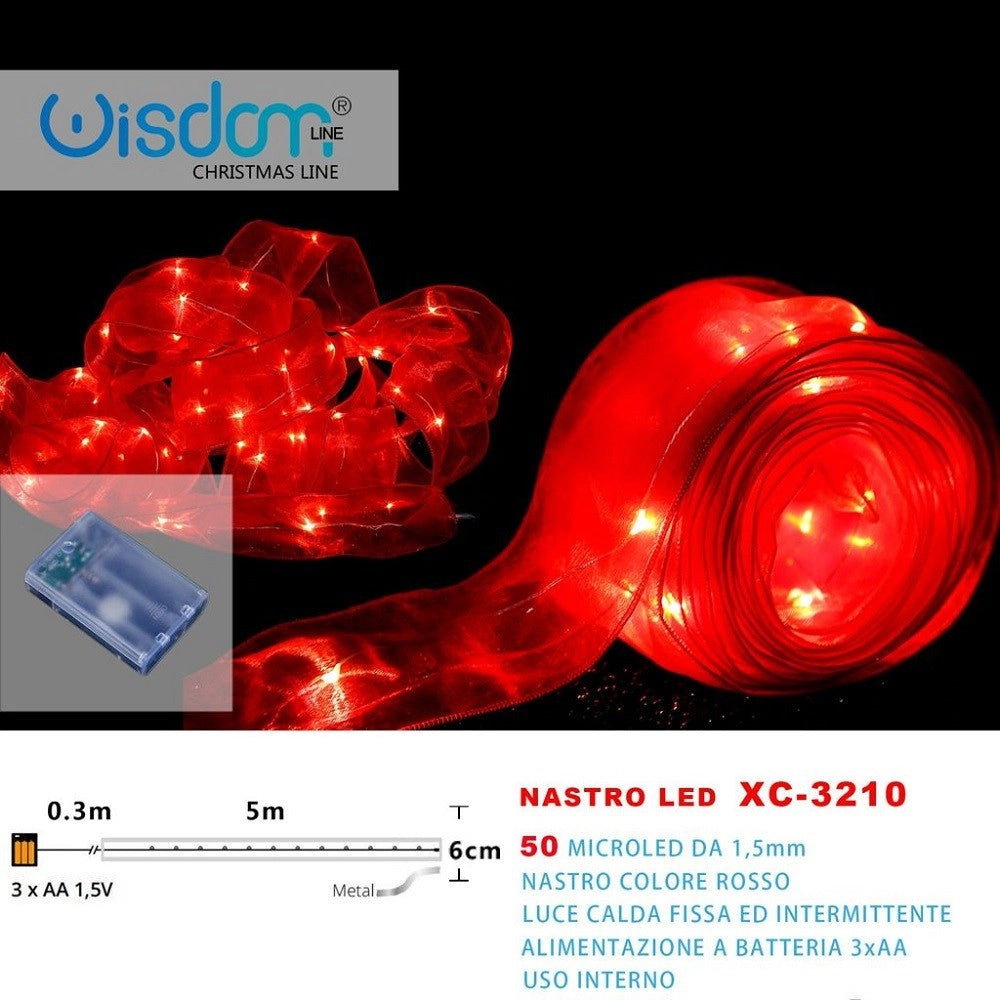 Trade Shop - Nastro Luminoso Rosso 50microled Batteria Luce Calda Fissa+intermittente Xc-3210 -