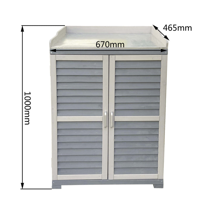 Armadietto grigio da esterno con piano di lavoro per giradinaggio, Mobile da giardino