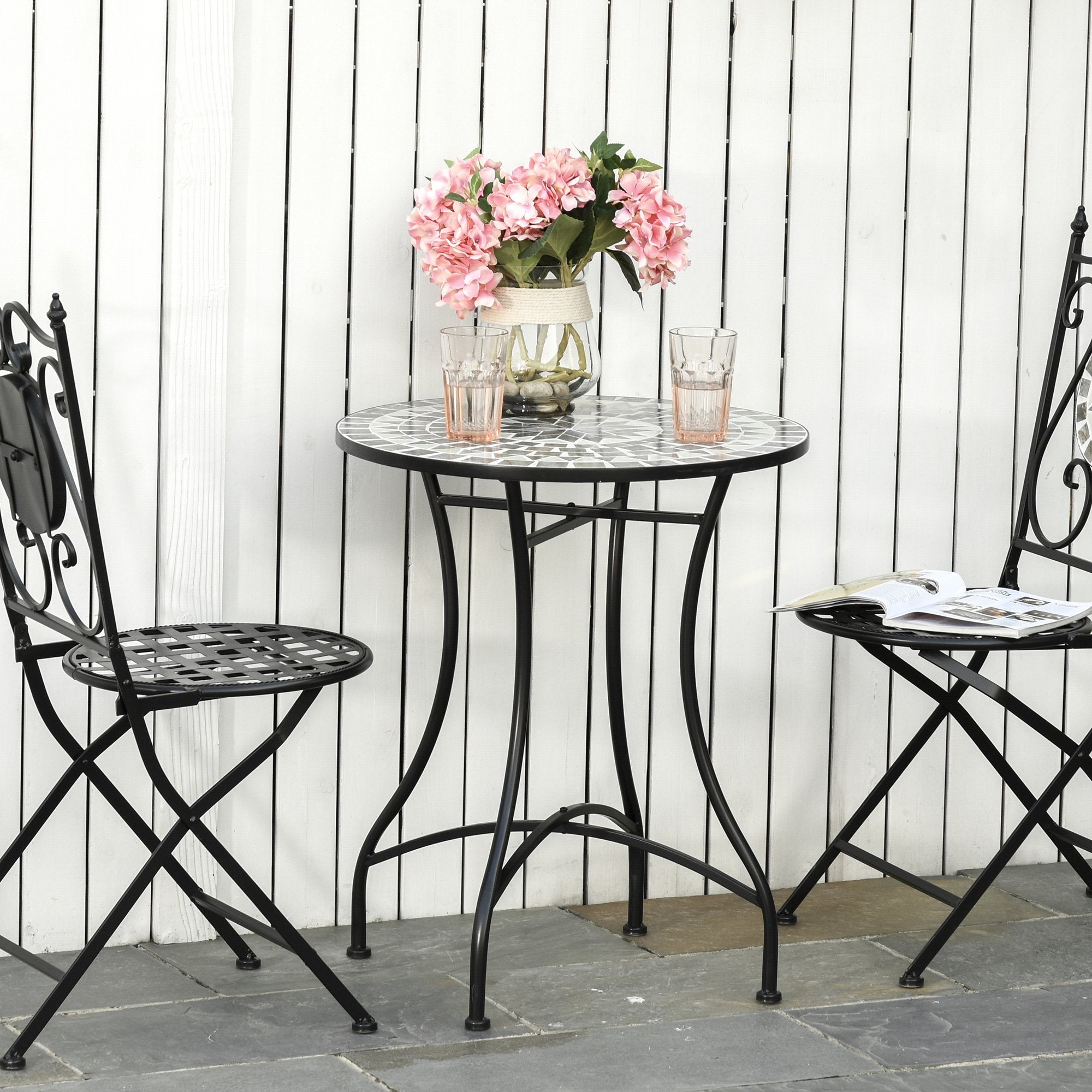 Tavolino da Giardino Ø60x71 cm in Metallo con Mosaico Nero