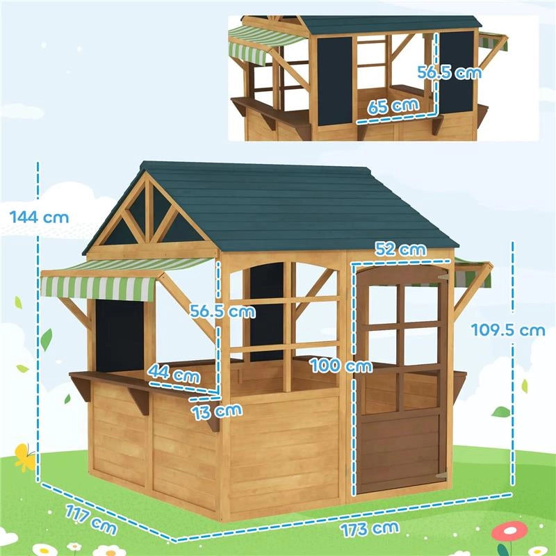 CASETTA PER BAMBINI 3-8 ANNI CON 5 FINESTRE E 2 LAVAGNE IN LEGNO DI ABETE 173X117X144 CM MARRONE E BLU